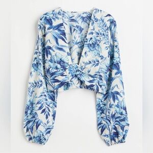 H&M Blue Floral Linen blend Twist Front long Sleeve